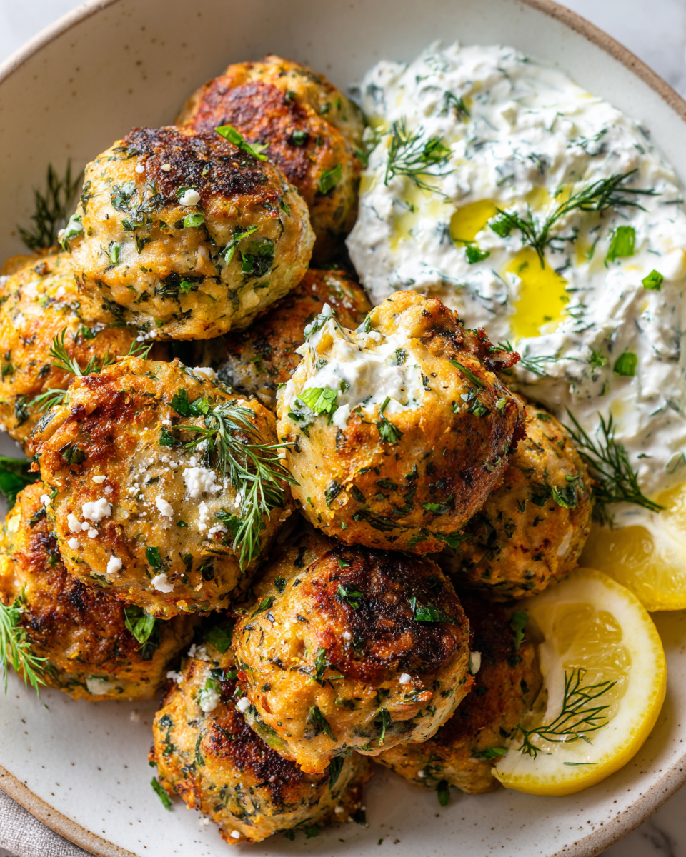 Deliziose Polpette di Pollo Greche Polpette di pollo greche dorate e aromatiche, servite con tzatziki.