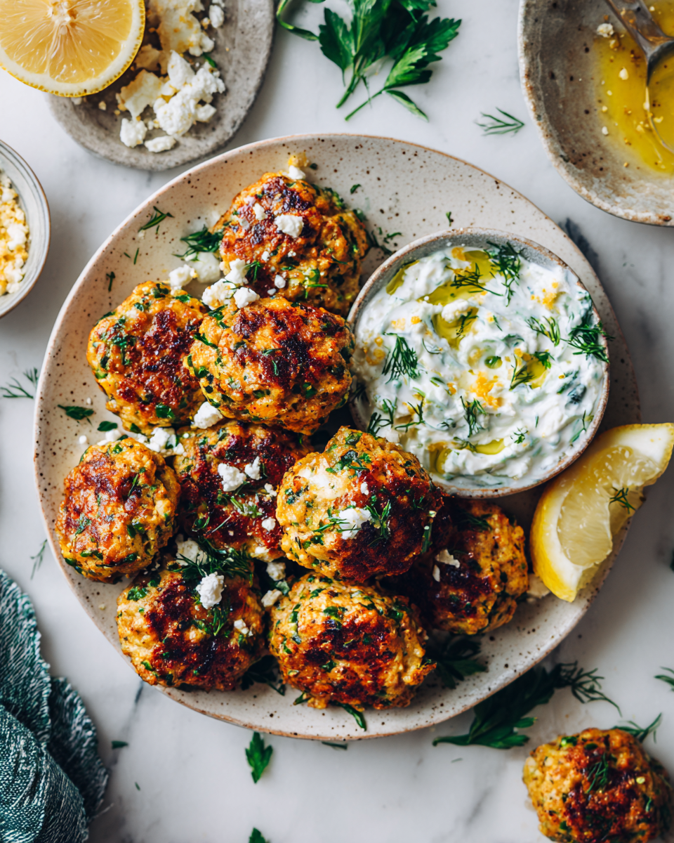 Deliziose Polpette di Pollo Greche Polpette di pollo greche dorate e aromatiche, servite con tzatziki.
