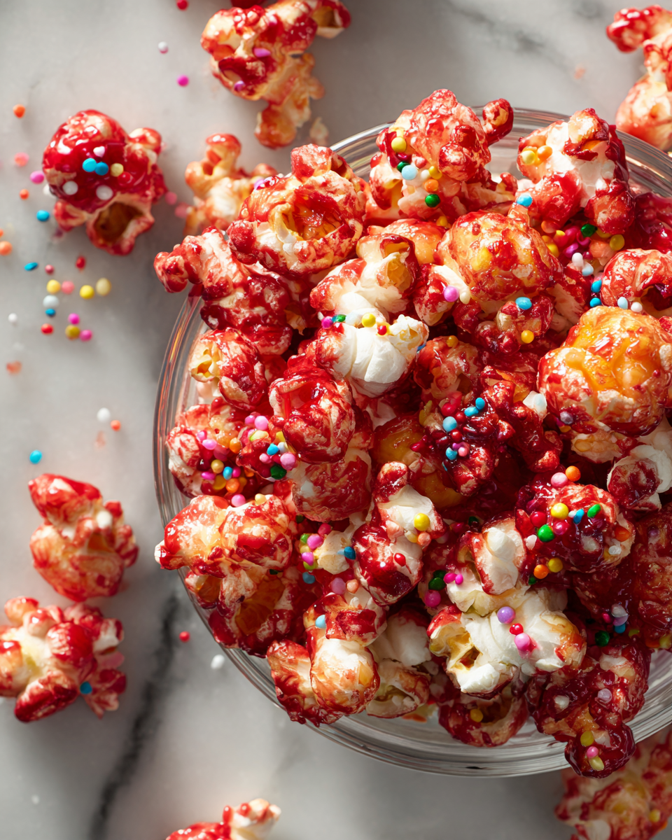 Popcorn caramellato rosso delizioso e festivo
