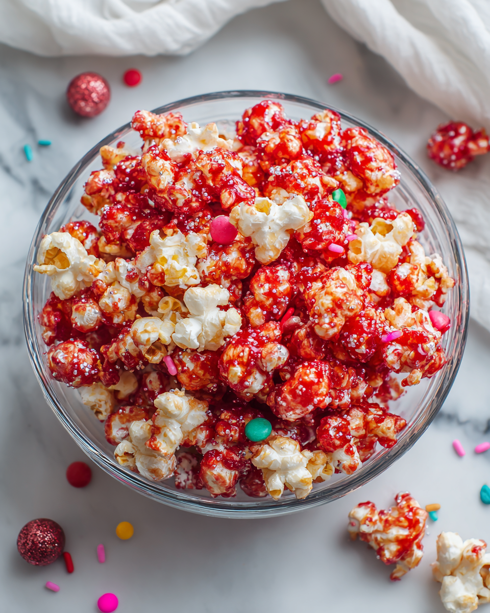 Popcorn caramellato rosso delizioso e festivo
