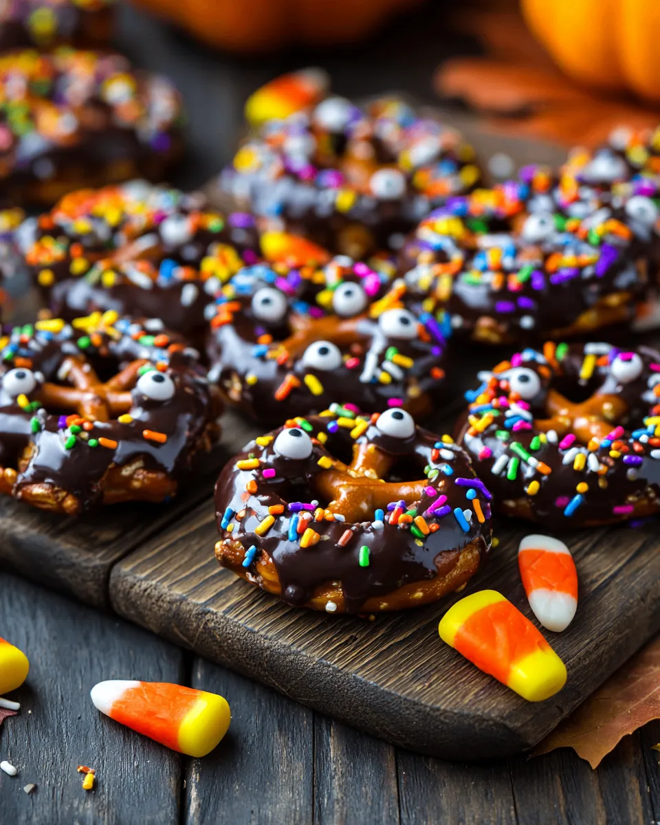 Pretzel ricoperti di cioccolato decorati per Halloween, spuntino festivo per bambini e famiglie