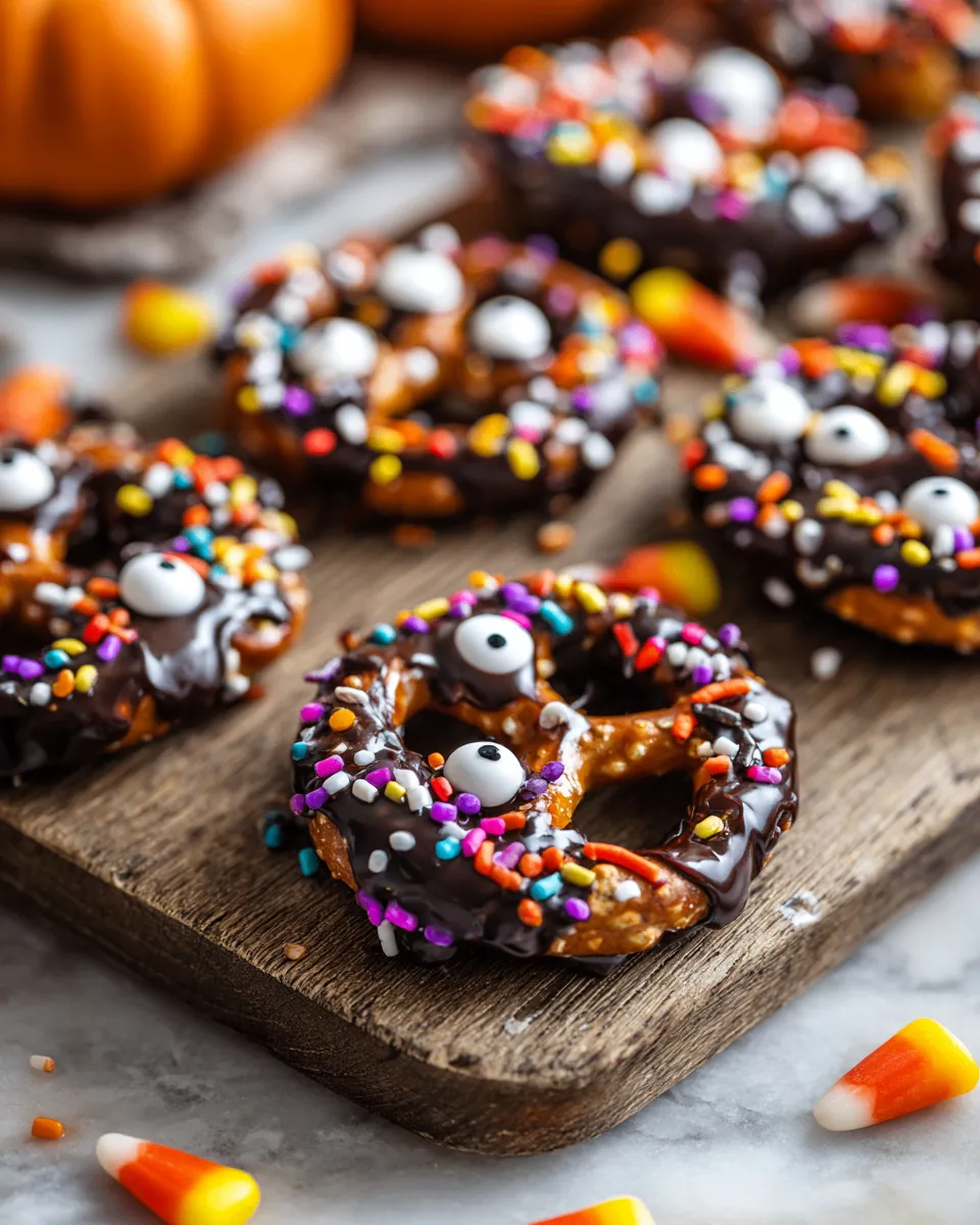 Pretzel ricoperti di cioccolato decorati per Halloween, spuntino festivo per bambini e famiglie