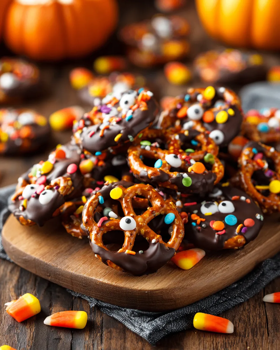 Pretzel ricoperti di cioccolato decorati per Halloween, spuntino festivo per bambini e famiglie
