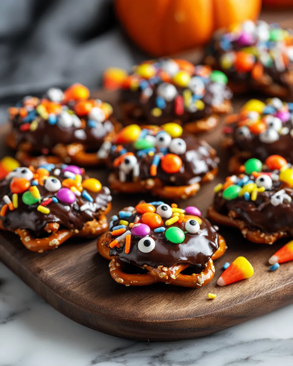 Pretzel ricoperti di cioccolato decorati per Halloween, spuntino festivo per bambini e famiglie