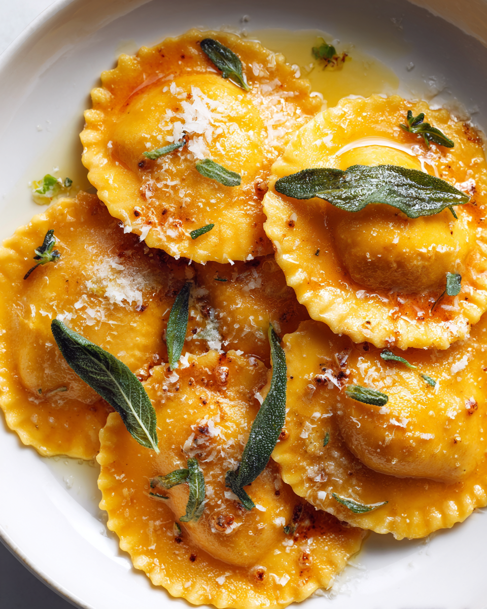 Ravioli di zucca freschi serviti con burro e salvia, un piatto autunnale ricolmo di sapore e tradizione italiana.