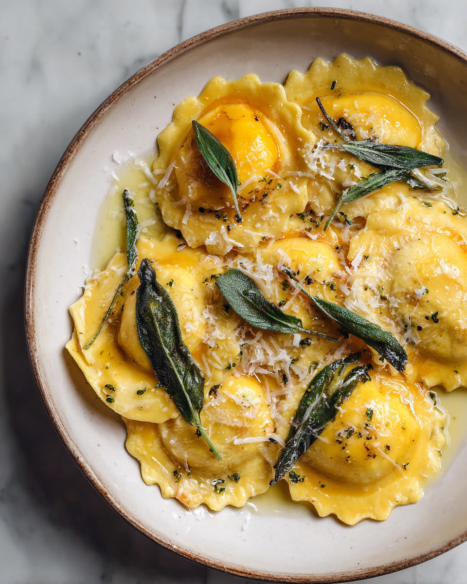 Ravioli di zucca freschi serviti con burro e salvia, un piatto autunnale ricolmo di sapore e tradizione italiana.