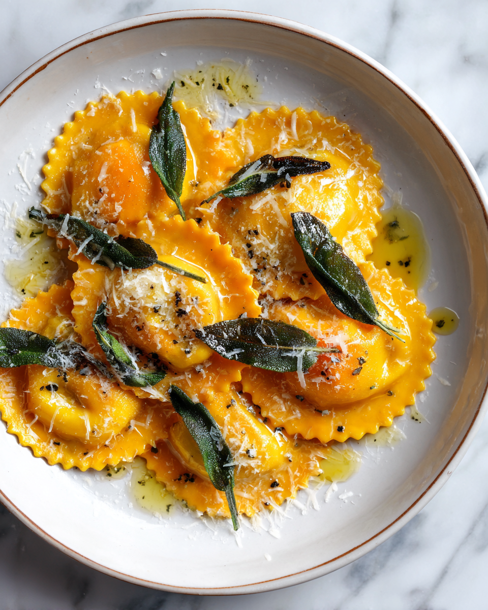 Ravioli di zucca freschi serviti con burro e salvia, un piatto autunnale ricolmo di sapore e tradizione italiana.