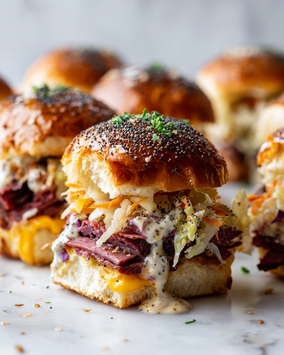 Slider di Reuben festivi con carne corned beef, formaggio e crauti