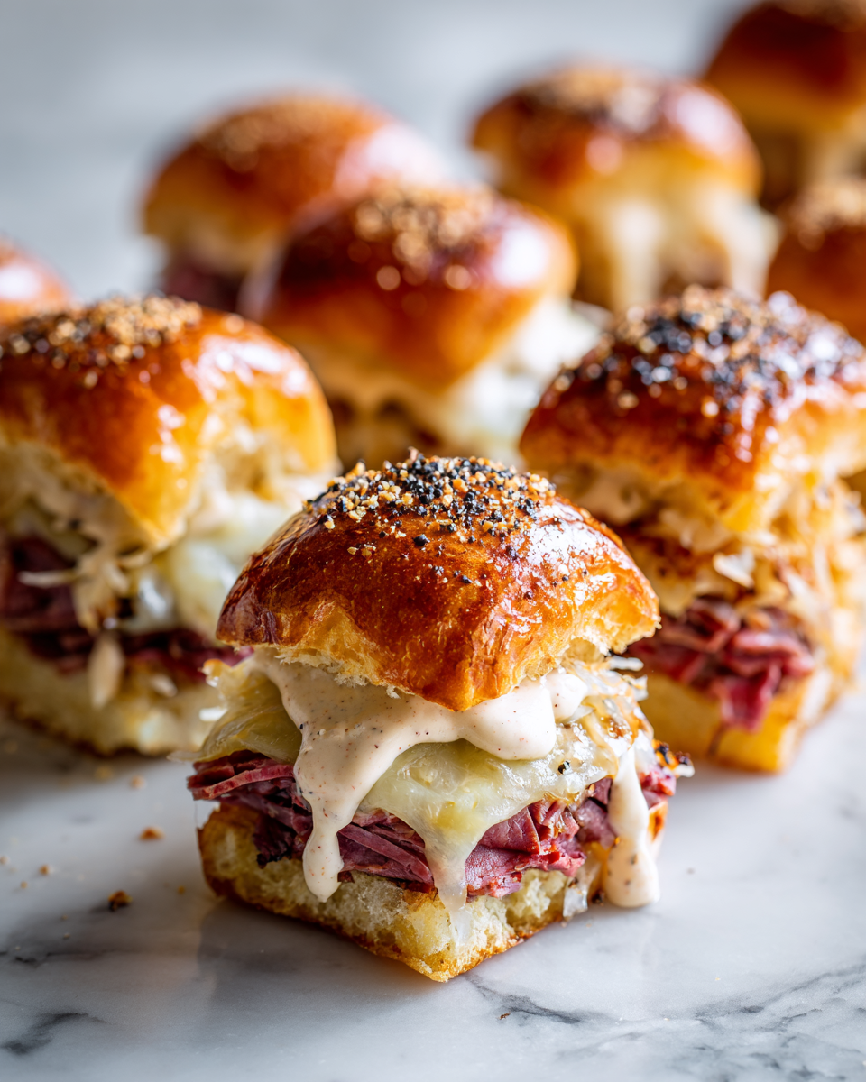 Slider di Reuben festivi con carne corned beef, formaggio e crauti