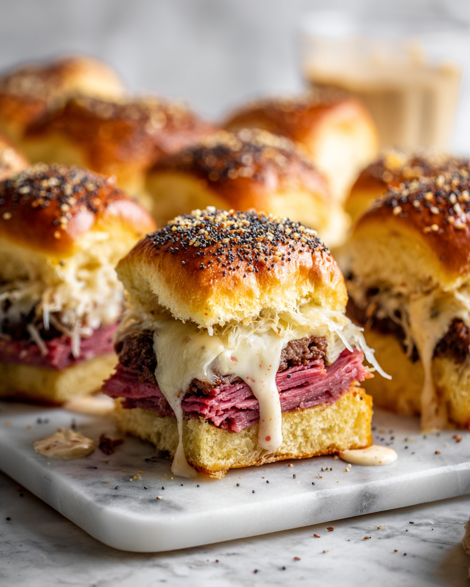 Slider di Reuben festivi con carne corned beef, formaggio e crauti