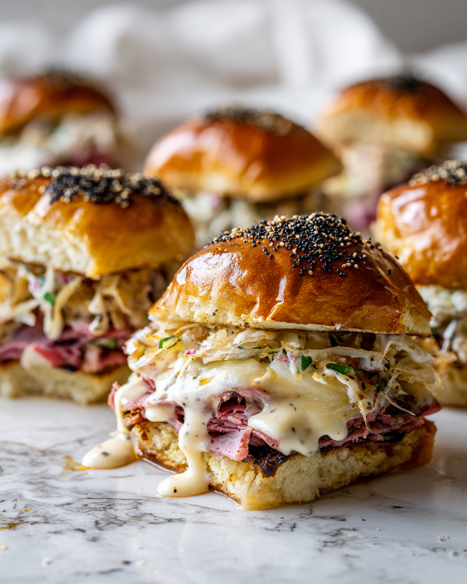 Slider di Reuben festivi con carne corned beef, formaggio e crauti