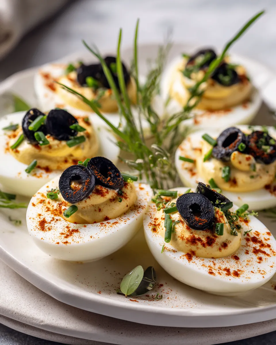 Deliziose Uova Deviled Spettrali per Halloween Uova deviled spettrali decorate per Halloween con olive nere e paprika, un antipasto delizioso e creativo per la festa.