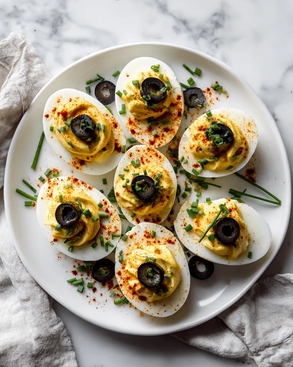 Deliziose Uova Deviled Spettrali per Halloween Uova deviled spettrali decorate per Halloween con olive nere e paprika, un antipasto delizioso e creativo per la festa.