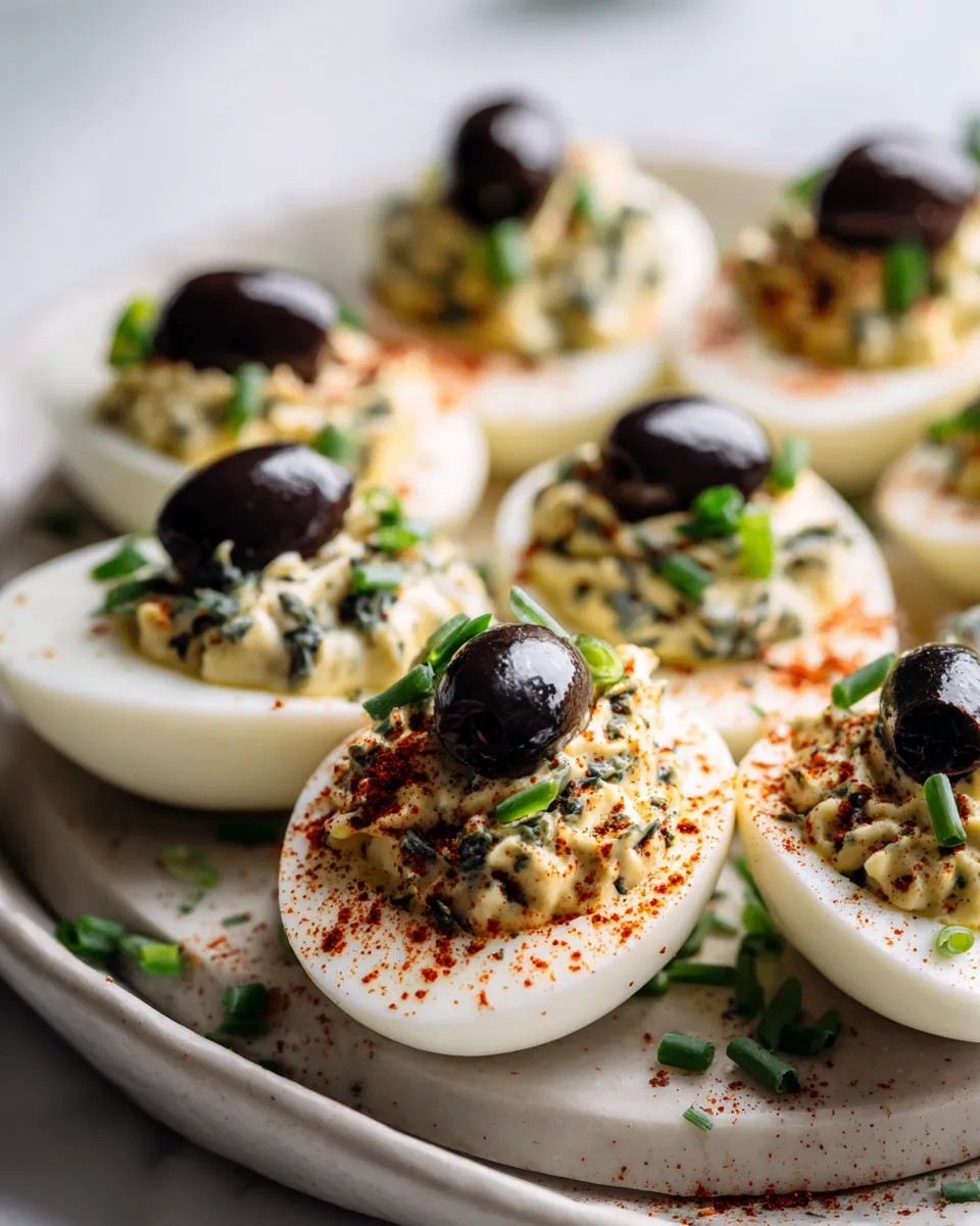 Deliziose Uova Deviled Spettrali per Halloween Uova deviled spettrali decorate per Halloween con olive nere e paprika, un antipasto delizioso e creativo per la festa.