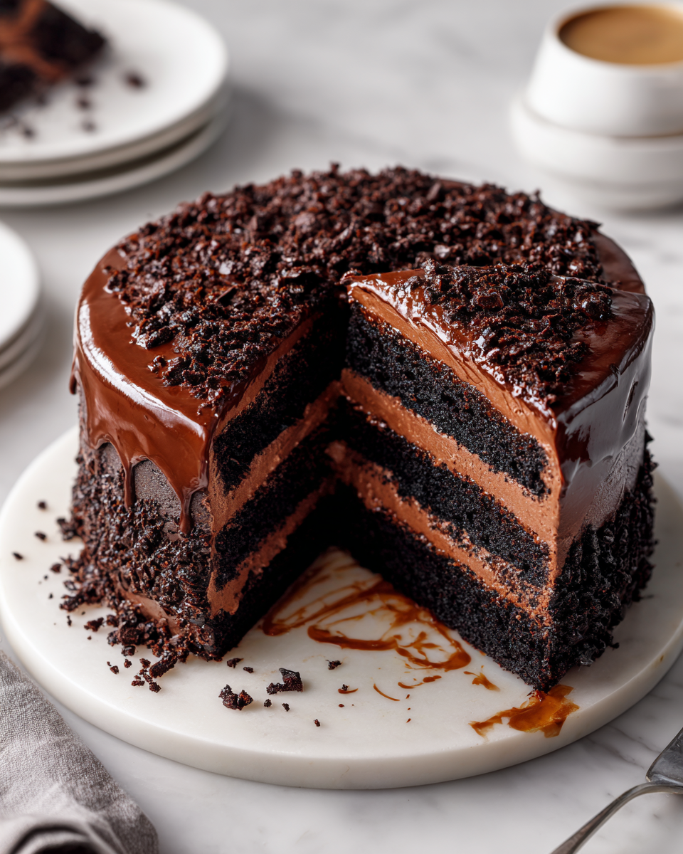 Deliziosa Brooklyn Blackout Cake per le Feste Brooklyn Blackout Cake, un dolce cioccolatoso ideale per le feste autunnali, preparato con strati di torta e crema al cioccolato.