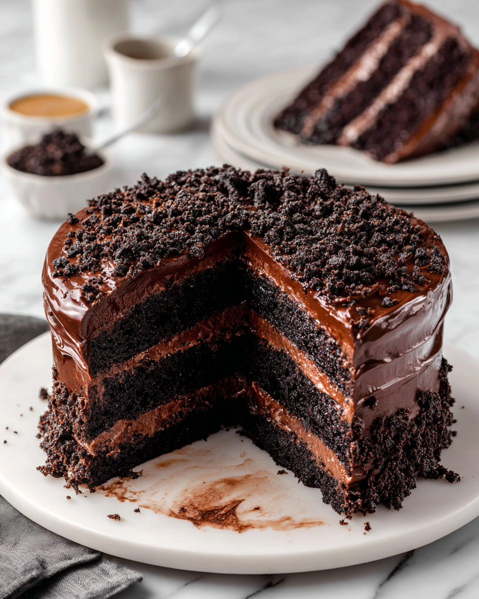 Deliziosa Brooklyn Blackout Cake per le Feste Brooklyn Blackout Cake, un dolce cioccolatoso ideale per le feste autunnali, preparato con strati di torta e crema al cioccolato.