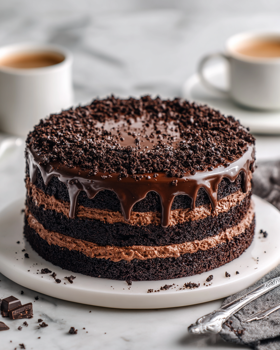 Deliziosa Brooklyn Blackout Cake per le Feste Brooklyn Blackout Cake, un dolce cioccolatoso ideale per le feste autunnali, preparato con strati di torta e crema al cioccolato.