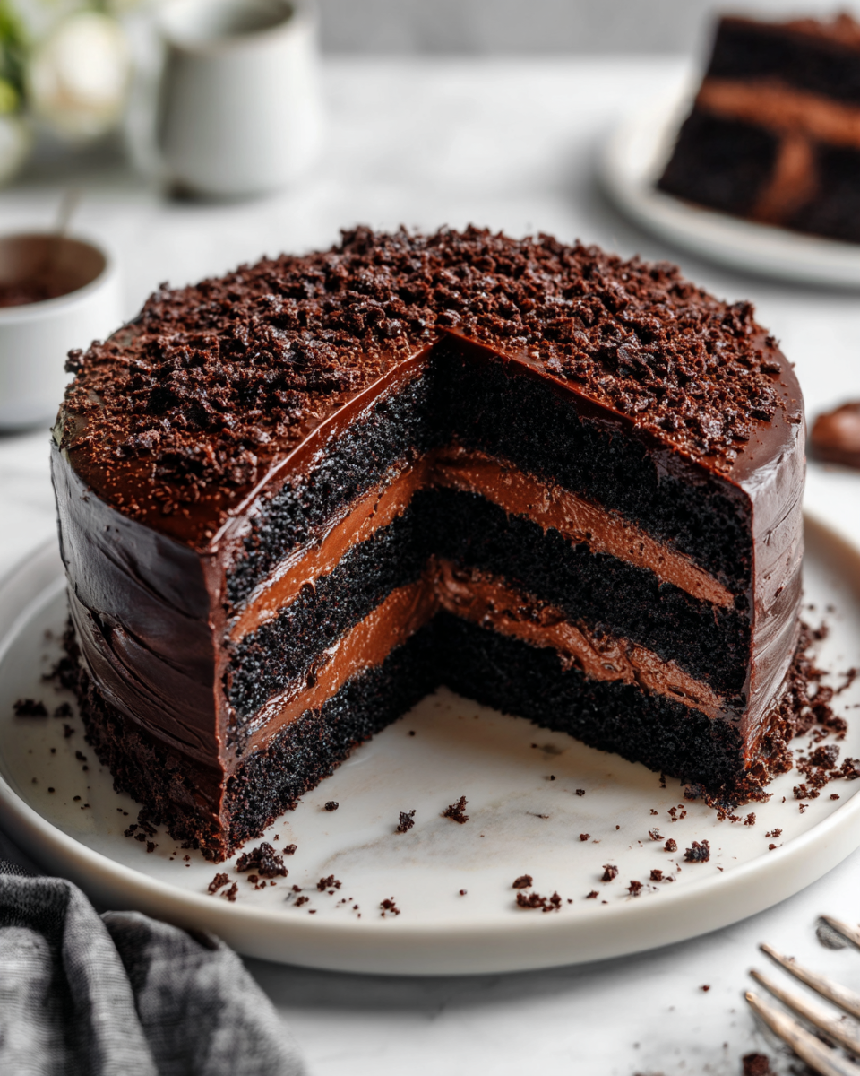 Deliziosa Brooklyn Blackout Cake per le Feste Brooklyn Blackout Cake, un dolce cioccolatoso ideale per le feste autunnali, preparato con strati di torta e crema al cioccolato.