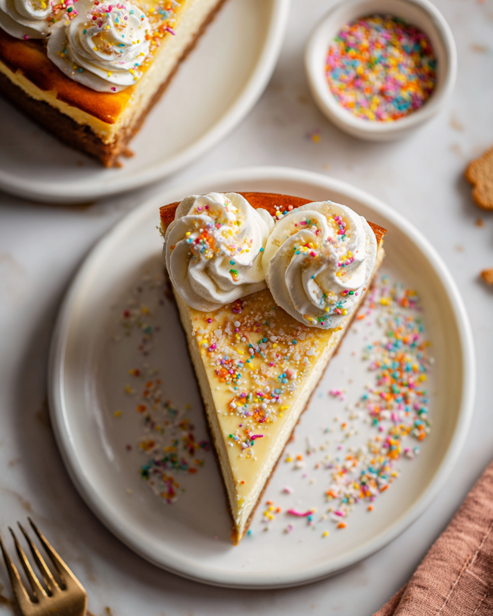 Cheesecake ai Biscotti di Zucchero decorato con panna montata e confettini colorati, il dolce ideale per le festività autunnali.