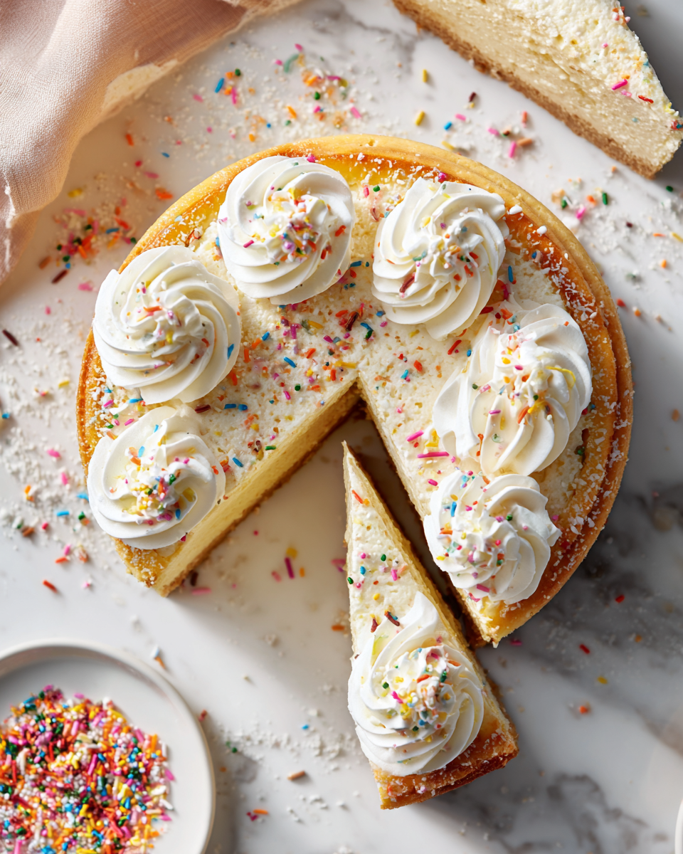 Cheesecake ai Biscotti di Zucchero decorato con panna montata e confettini colorati, il dolce ideale per le festività autunnali.