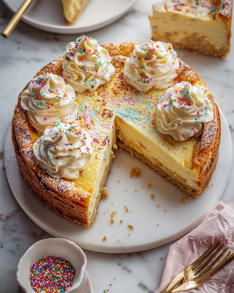 Cheesecake ai Biscotti di Zucchero decorato con panna montata e confettini colorati, il dolce ideale per le festività autunnali.