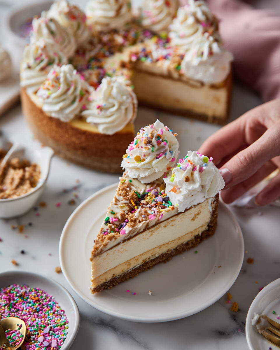 Cheesecake ai Biscotti di Zucchero decorato con panna montata e confettini colorati, il dolce ideale per le festività autunnali.