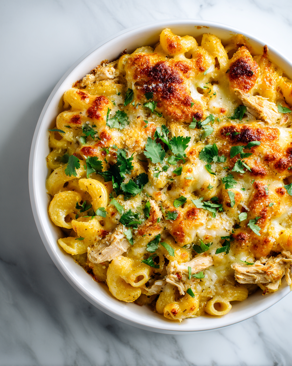 Chili Mac and Cheese di pollo bianco cremoso e saporito, perfetto per cene autunnali.