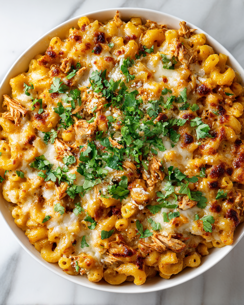 Chili Mac and Cheese di pollo bianco cremoso e saporito, perfetto per cene autunnali.