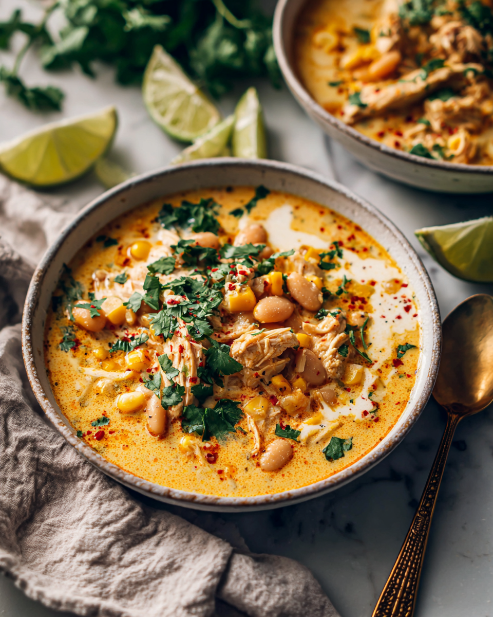 Confortevole Chili di Pollo Bianco Cremoso per le Serate Autunnali Una ciotola di chili di pollo bianco cremoso con spezie e ingredienti freschi, perfetta per una cena autunnale