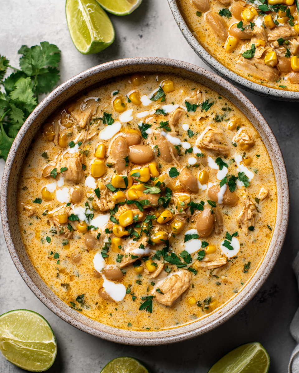 Confortevole Chili di Pollo Bianco Cremoso per le Serate Autunnali Una ciotola di chili di pollo bianco cremoso con spezie e ingredienti freschi, perfetta per una cena autunnale