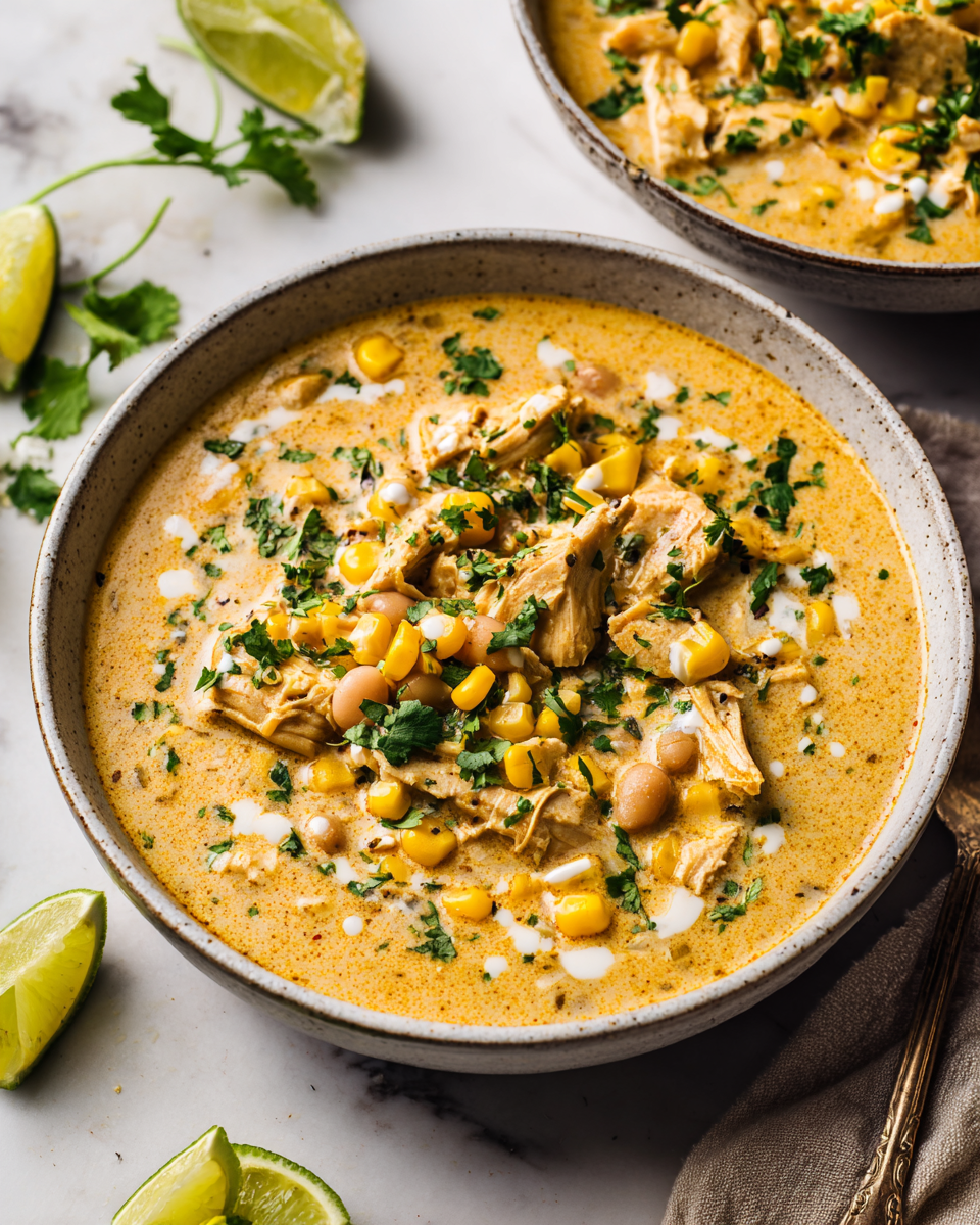 Confortevole Chili di Pollo Bianco Cremoso per le Serate Autunnali Una ciotola di chili di pollo bianco cremoso con spezie e ingredienti freschi, perfetta per una cena autunnale
