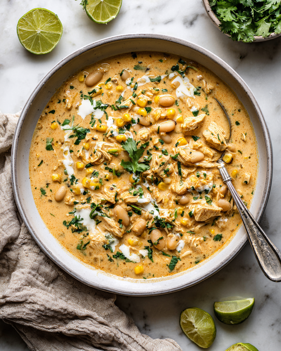 Confortevole Chili di Pollo Bianco Cremoso per le Serate Autunnali Una ciotola di chili di pollo bianco cremoso con spezie e ingredienti freschi, perfetta per una cena autunnale