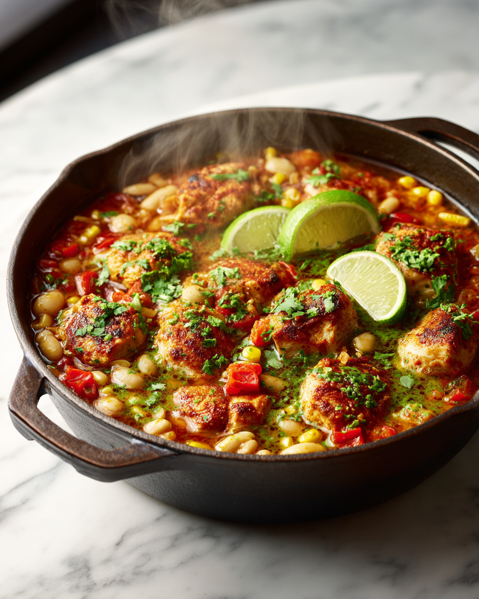 Delizioso Chili di Pollo Bianco in Un'Unica Pentola Chili di Pollo Bianco in Un'Unica Pentola, ricetta autunnale comoda e saporita per famiglie, facile da preparare e da conservare.