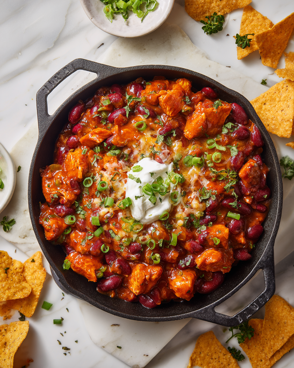 Chili di pollo buffalo piccante e confortante in una ciotola, perfetto per serate autunnali.