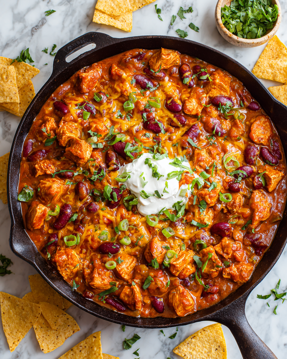 Chili di pollo buffalo piccante e confortante in una ciotola, perfetto per serate autunnali.