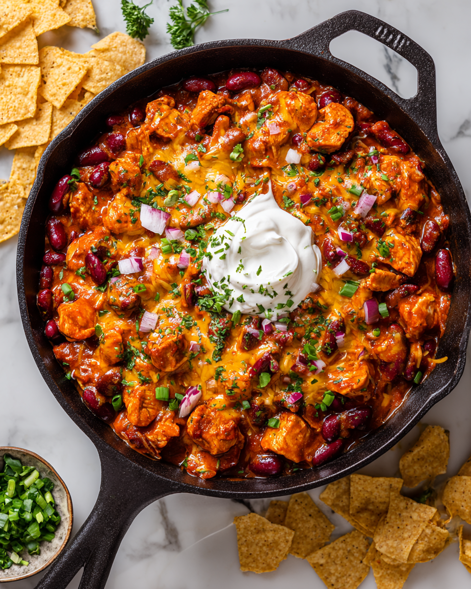 Chili di pollo buffalo piccante e confortante in una ciotola, perfetto per serate autunnali.