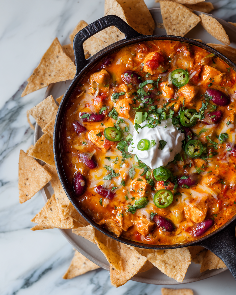 Chili di pollo buffalo piccante e confortante in una ciotola, perfetto per serate autunnali.