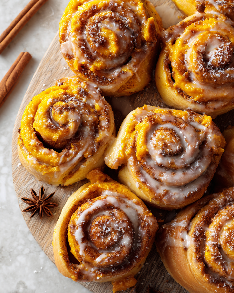 Cinnamon Rolls alla Zucca sul tavolo, dolci e caldi, perfetti per l'autunno, con glassa al formaggio cremoso e spezie aromatiche.