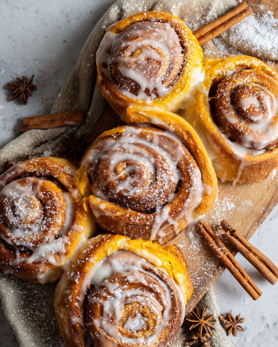 Cinnamon Rolls alla Zucca sul tavolo, dolci e caldi, perfetti per l'autunno, con glassa al formaggio cremoso e spezie aromatiche.