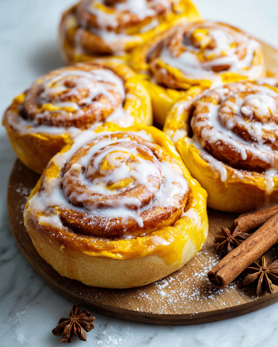 Cinnamon Rolls alla Zucca sul tavolo, dolci e caldi, perfetti per l'autunno, con glassa al formaggio cremoso e spezie aromatiche.