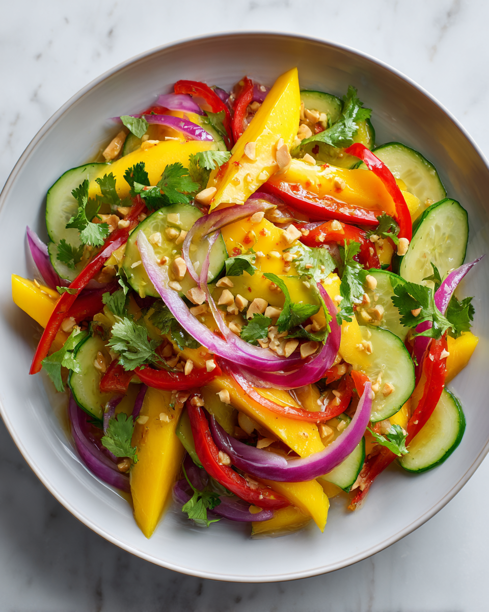 Colorata Insalata di Mango e Cetriolo Tailandese Insalata fresca di mango e cetriolo tailandese, perfetta per l'autunno.