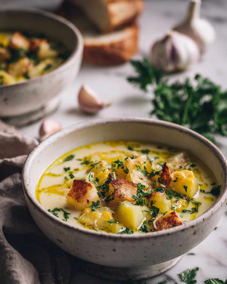 Zuppa cremosa di patate con aglio e cheddar, un comfort food autunnale semplice e delizioso.