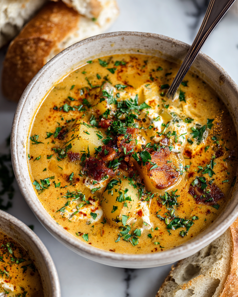 Zuppa cremosa di patate Cajun servita in ciotole calde, perfetta per le sere d'autunno