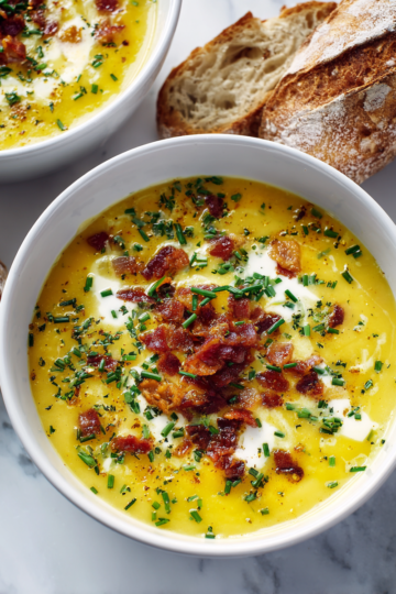 Zuppa cremosa di patate e bacon, un piatto autunnale ricco di sapori, ideale per comfort food e cene in famiglia.