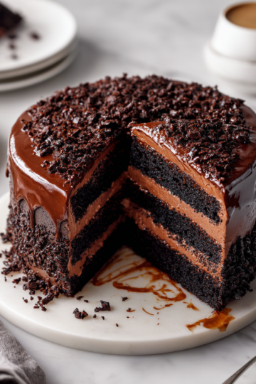 Brooklyn Blackout Cake, un dolce cioccolatoso ideale per le feste autunnali, preparato con strati di torta e crema al cioccolato.