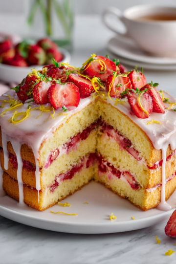 Torta di limonata e fragole decorata con glassa al limone e fragole fresche, ideale per le riunioni primaverili