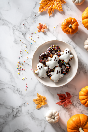 Deliziosi Pretzel Fantasma al Cioccolato Bianco per Halloween Pretzel fantasma al cioccolato bianco decorati per Halloween.