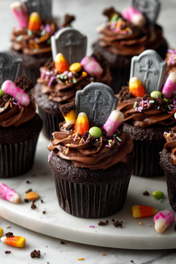 Cupcakes a Forma di Tombstone per Halloween Cupcakes a forma di tombstone decorati per Halloween, dolci e spaventosi, ideali per feste autunnali.