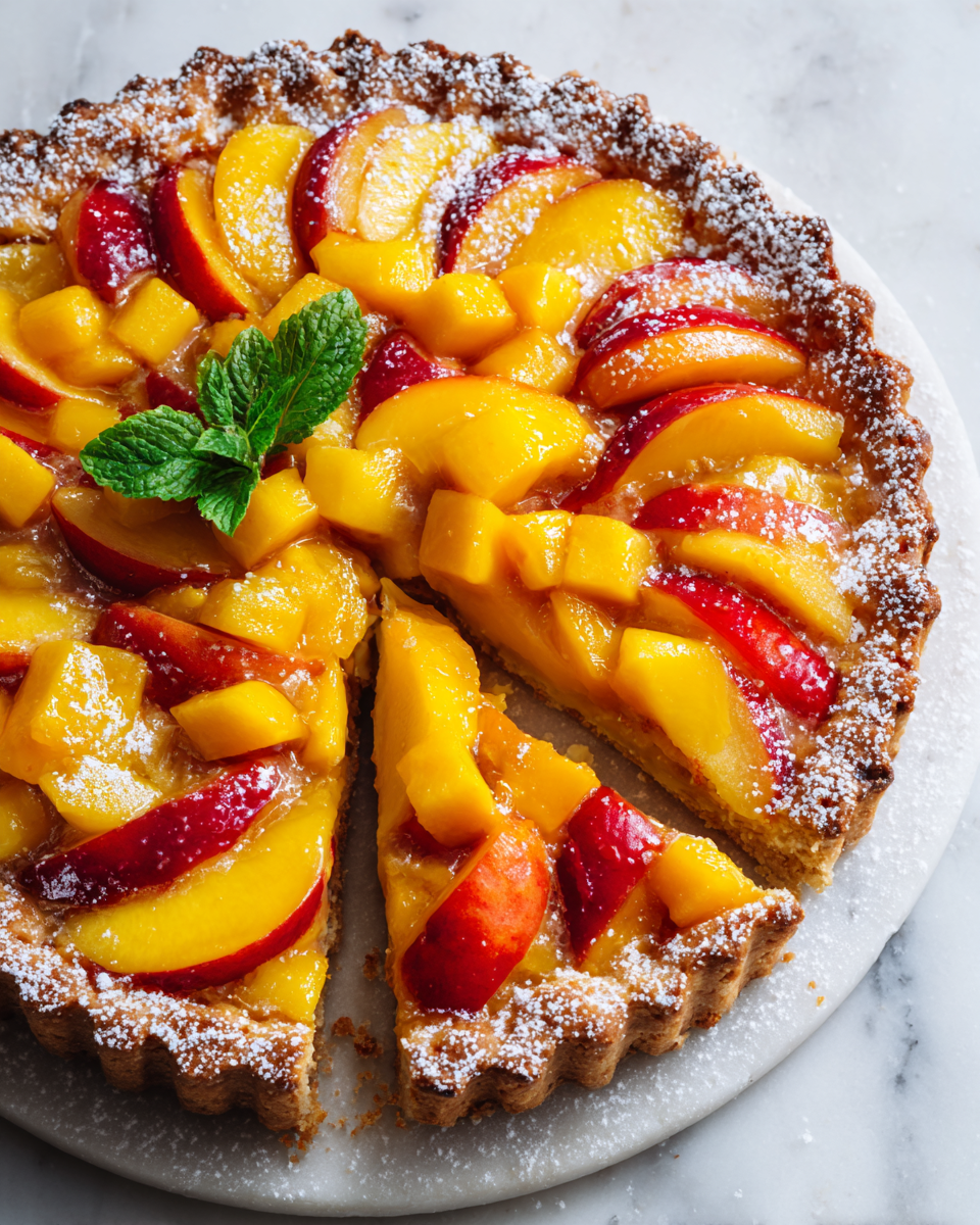 Crostata di pesche e mango estiva, dolce e fresca, dessert estivo con frutta, ricetta facili per ogni occasione