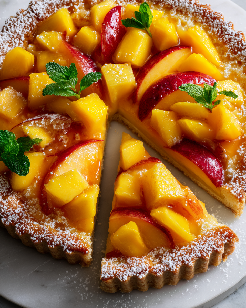 Crostata di pesche e mango estiva, dolce e fresca, dessert estivo con frutta, ricetta facili per ogni occasione
